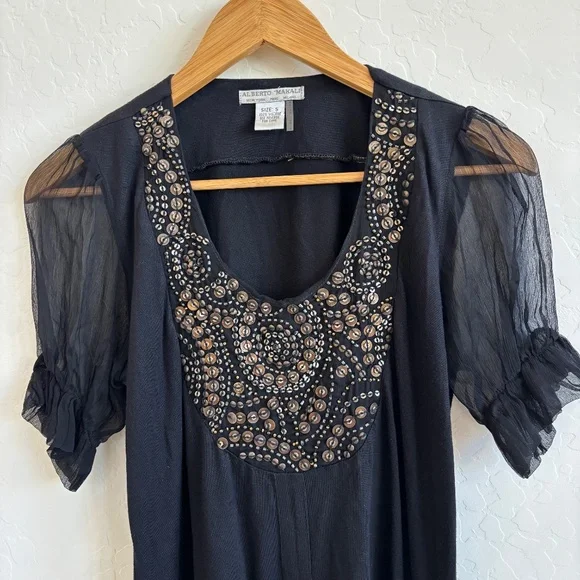 Alberto Makali black tunic top with heavy  embellishment, Size Small, Y2K - Picture 2 of 8